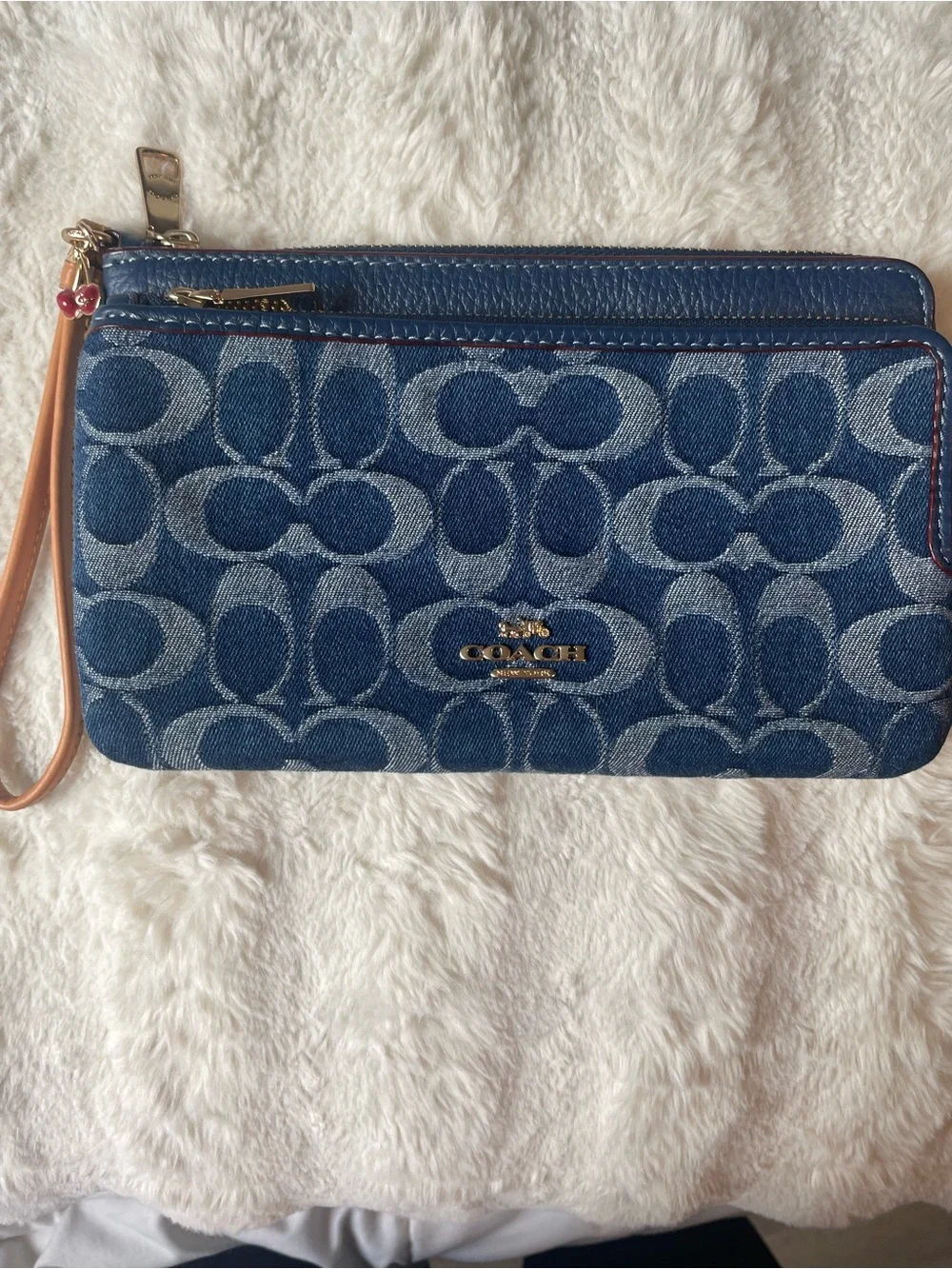 Coach Double Zip Denim Blue Signature Denim Wristlet